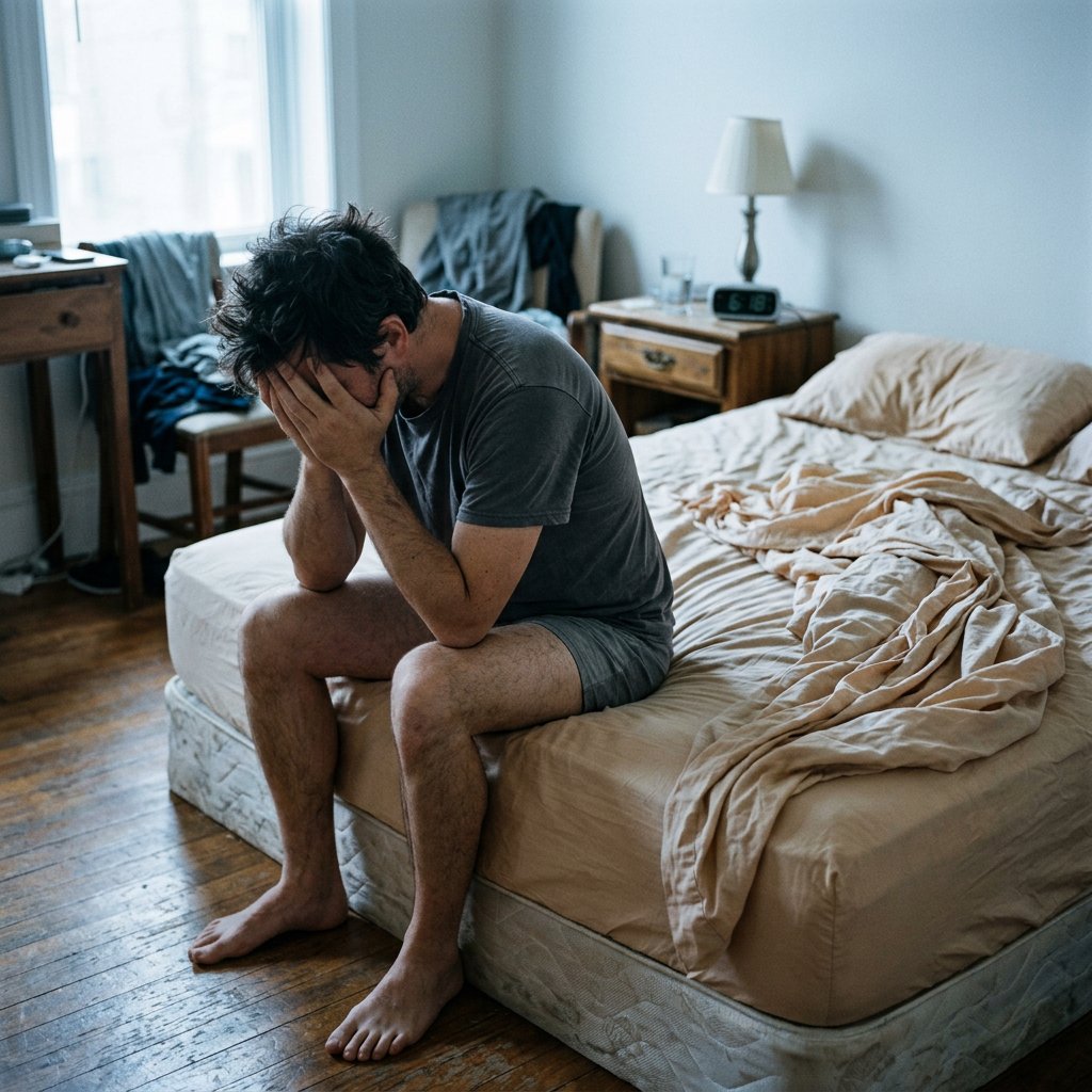 Man head in hands on bed