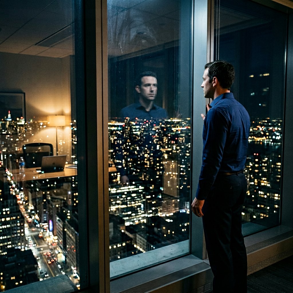 Man at office window reflection