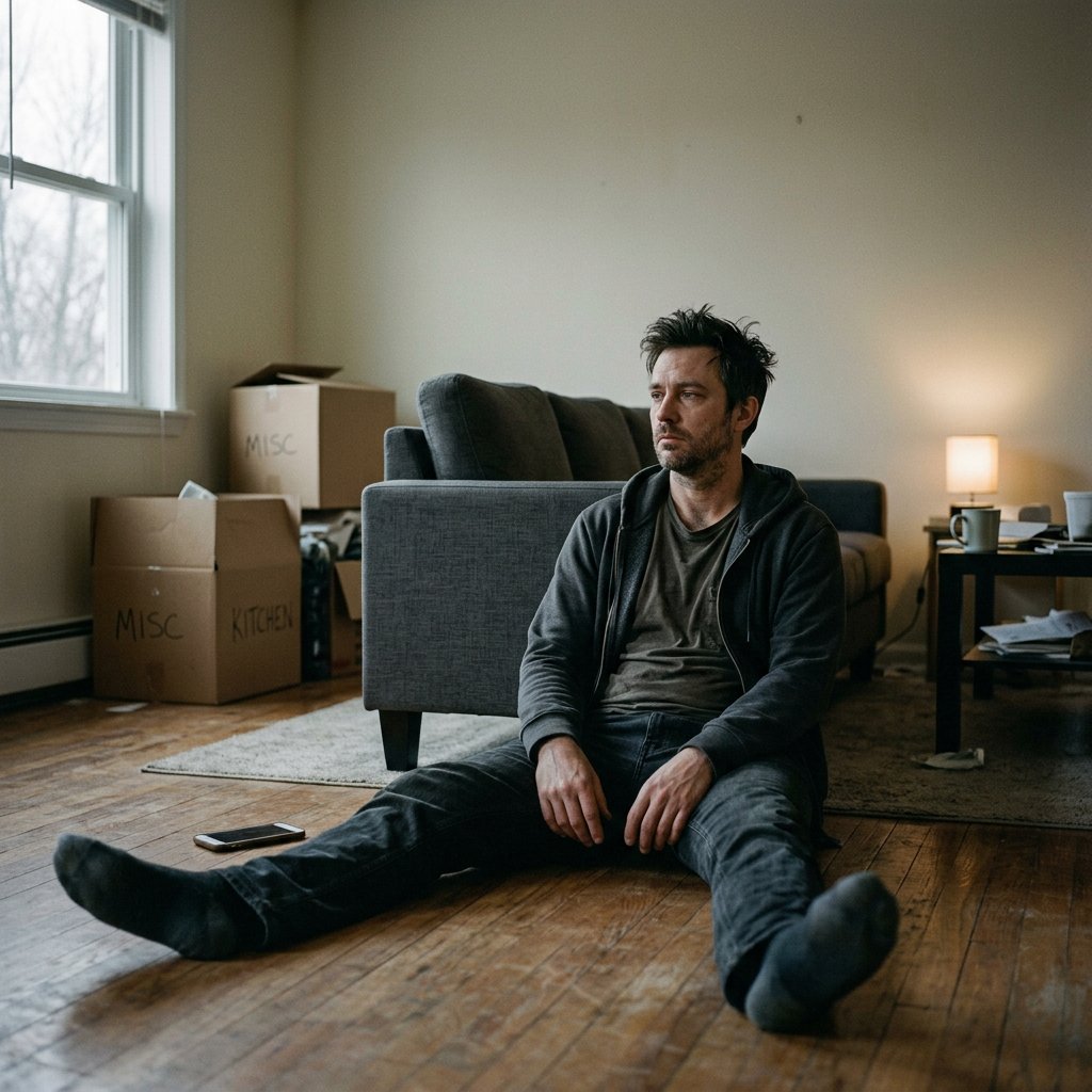 Man on apartment floor with boxes
