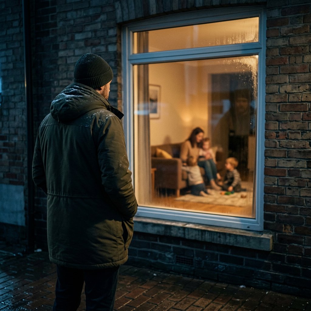 Man watching family through window